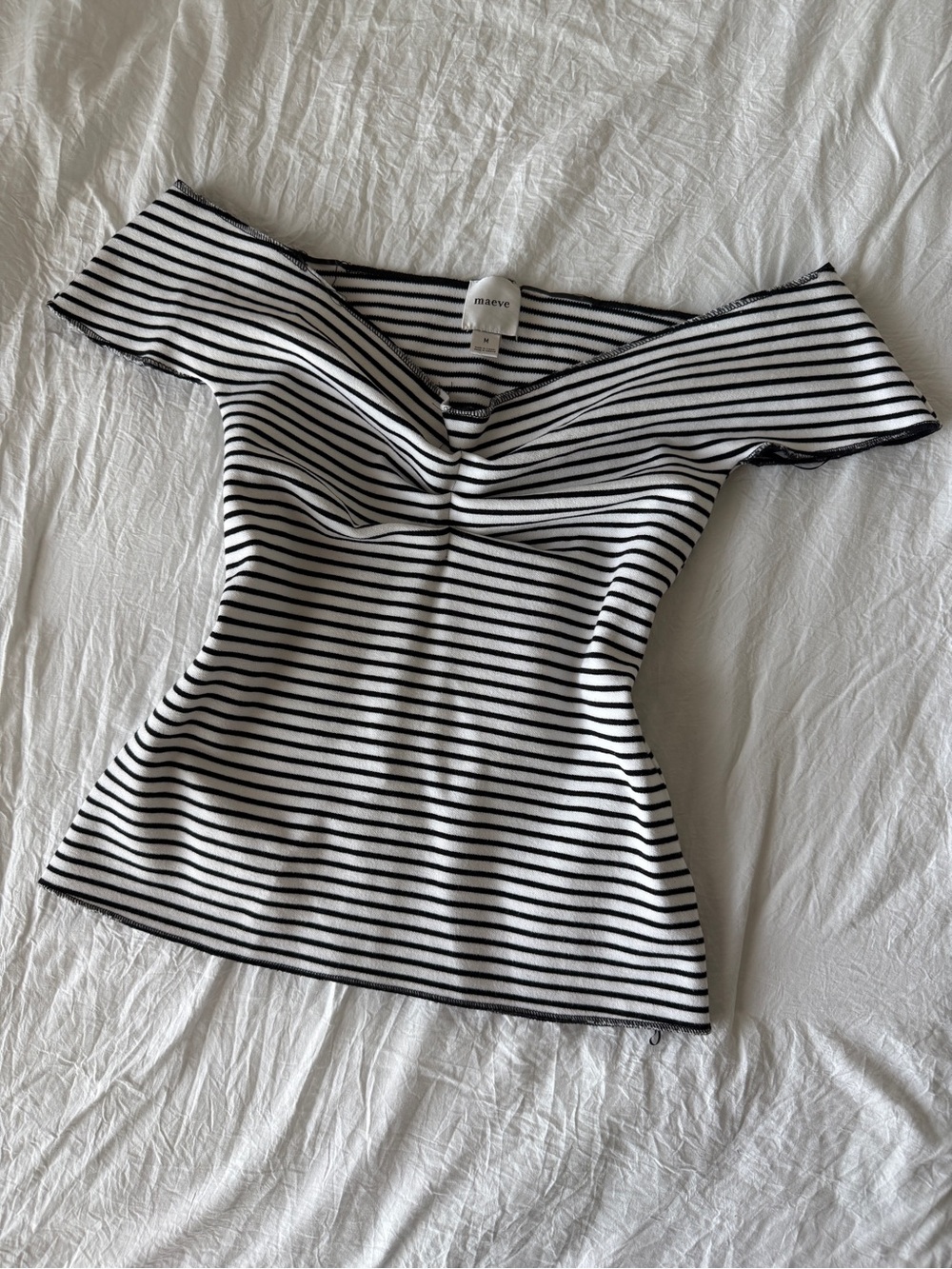 MAEVE ANTHROPOLOGIE Off the Shoulder Top Striped Knit Black White Scrunched M
